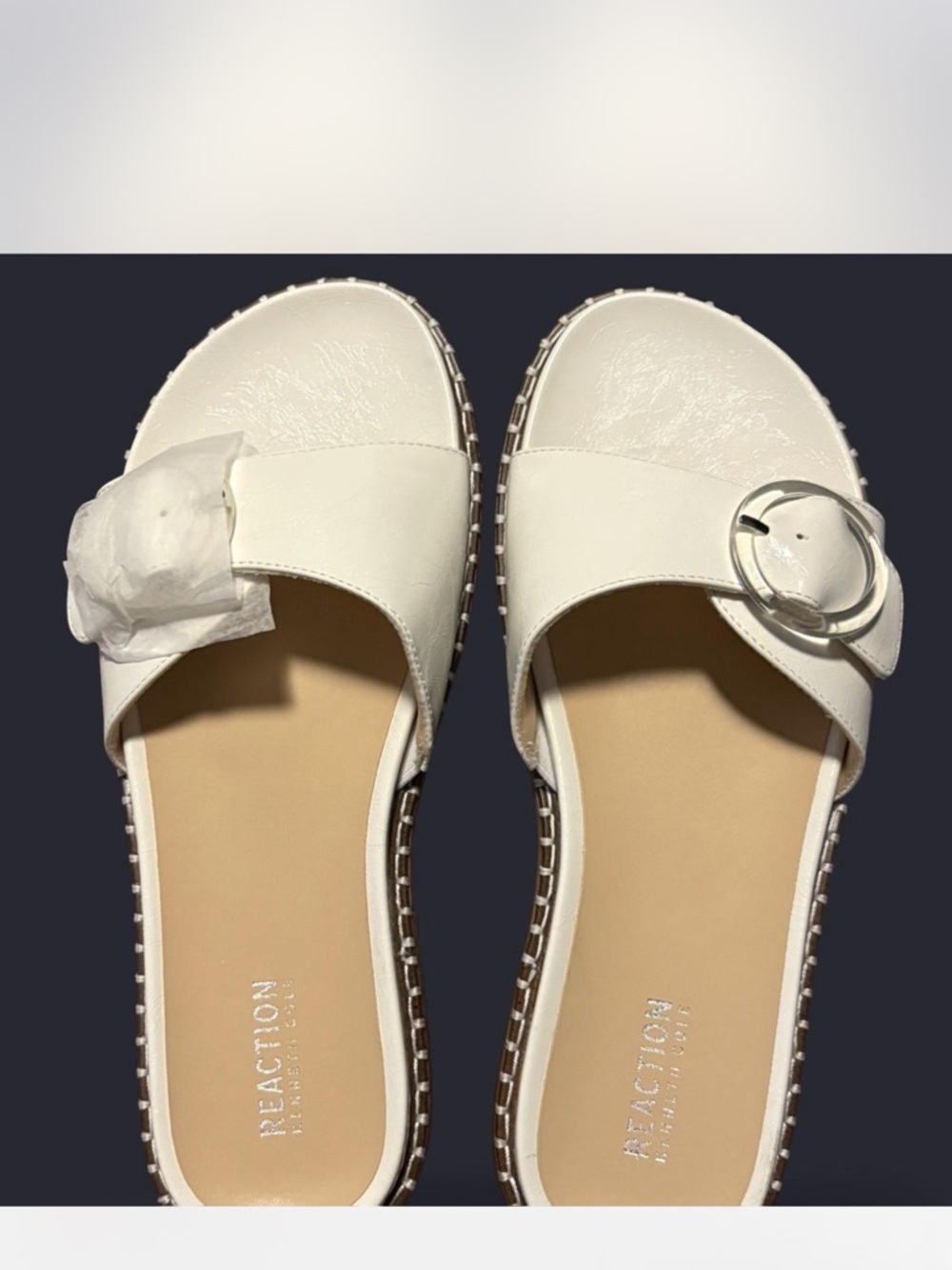 Kenneth Cole Reaction Cream Leather Slide Mules with Buckle Detail
